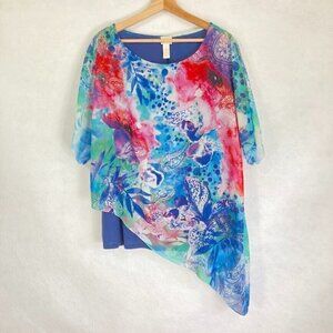 Chico's Sheer Floral Blouse Abstract Artsy Boho Coastal Grandma Core Bold L
